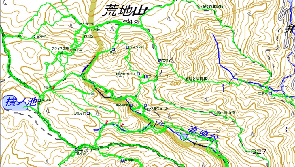 高座谷・荒地山周辺マップ 緑のラインがこれまでに歩いたＧＰＳトラックをカシミールにプロットしたものです。 旺文社マップ(2006)にも六甲山を歩こう(2009)にもほとんど載っていない道が沢山有ります。