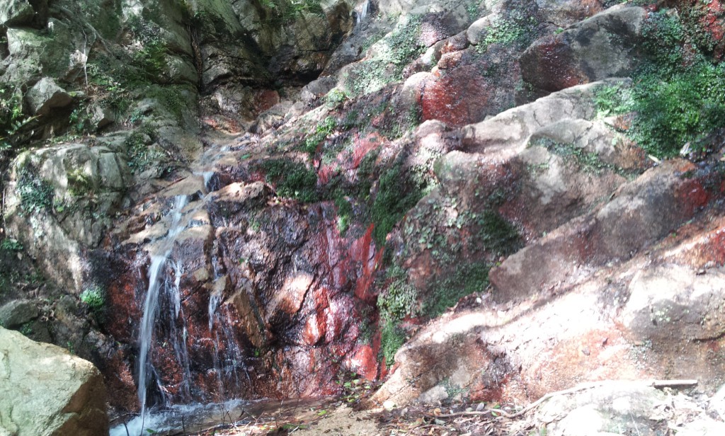 地獄谷名物の赤石。真っ赤で血がしみ付いているようで、さすが地獄谷だな～ｗという雰囲気。でもここは苔が付いておりわりと滑りやすいので慎重に登って行きます。